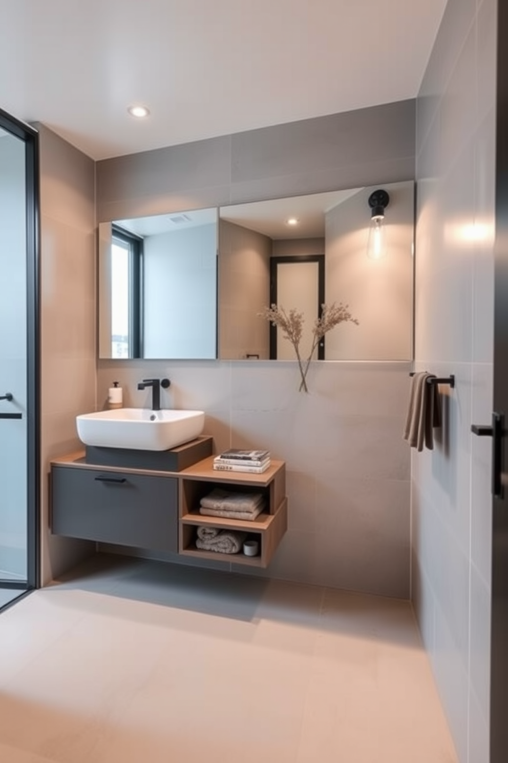 A modern floating vanity with a sleek vessel sink is the centerpiece of this hallway bathroom. The vanity features a rich wood finish and is complemented by elegant wall-mounted fixtures and soft ambient lighting. The walls are adorned with subtle textured tiles in a calming neutral hue. A large, frameless mirror enhances the sense of space while reflecting the stylish decor elements throughout the hallway bathroom.