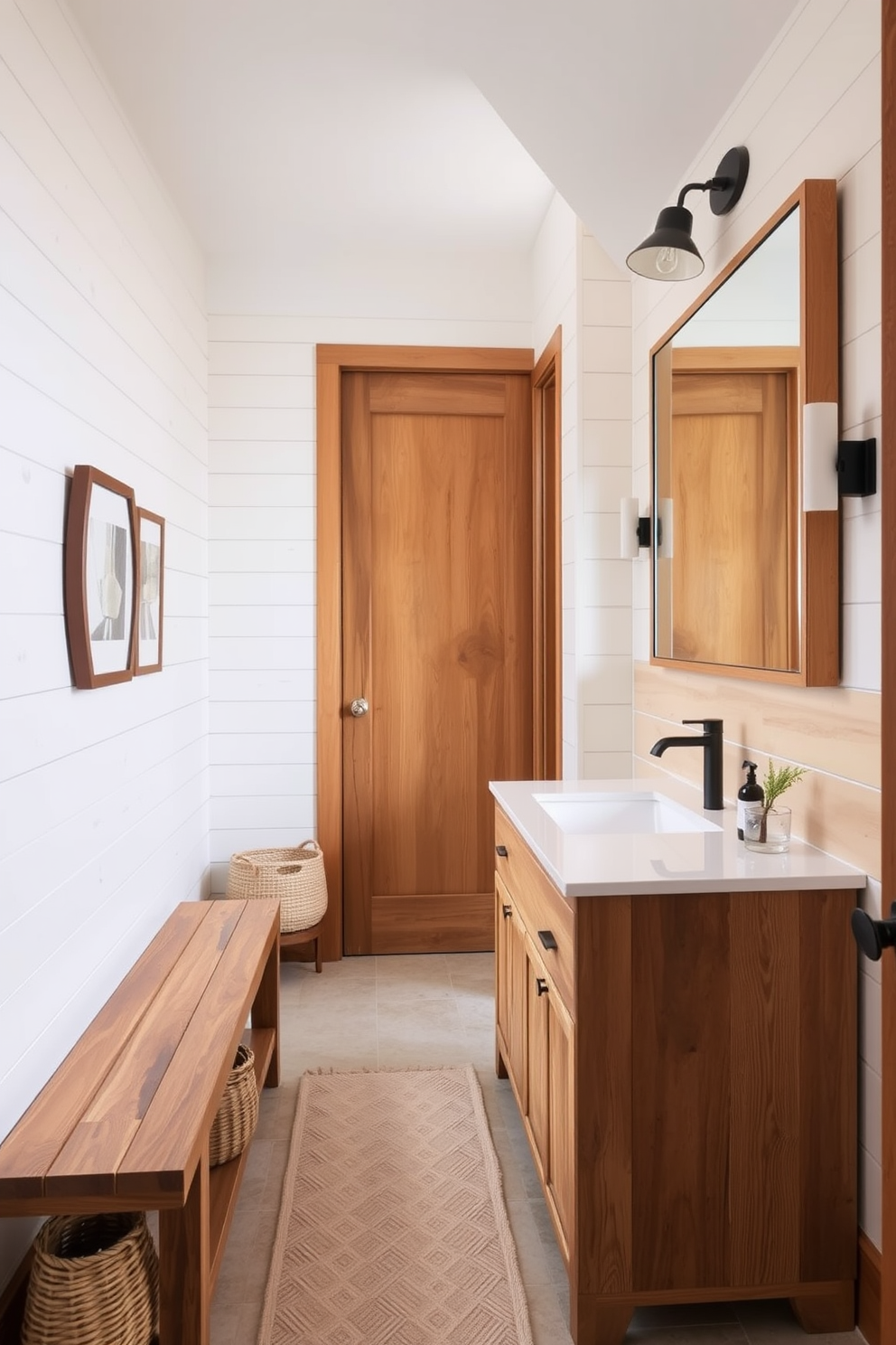 A hallway bathroom featuring natural wood accents that create warmth and texture. The walls are adorned with light-colored shiplap, and a wooden bench is placed against one side, complemented by woven baskets for storage. The vanity showcases a reclaimed wood base with a white quartz countertop and a sleek undermount sink. Soft, ambient lighting highlights the natural elements, while a large mirror reflects the inviting atmosphere.