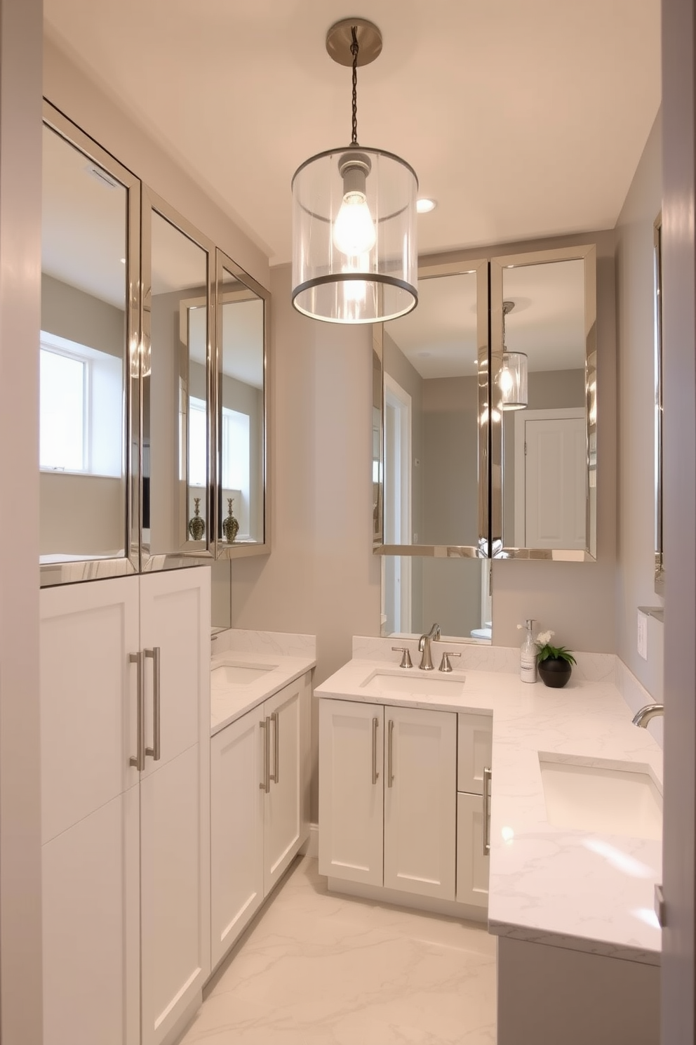 A hallway bathroom featuring mirrored cabinets that enhance the sense of space and depth. The cabinets are framed in brushed nickel and complement the sleek white cabinetry below. The walls are painted in a soft gray, creating a calming atmosphere. A stylish pendant light hangs from the ceiling, casting a warm glow over the elegant marble floor.