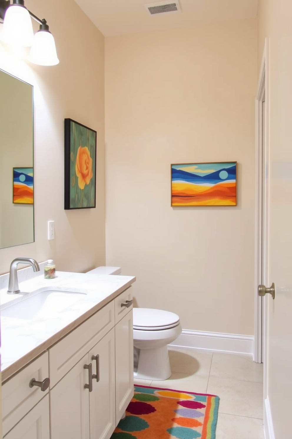 A serene hallway bathroom featuring a neutral color palette accented with vibrant pops of color. The walls are painted in soft beige, while colorful artwork adds visual interest and warmth to the space. The bathroom includes a sleek white vanity with a quartz countertop, complemented by modern fixtures in brushed nickel. A colorful rug lies beneath the vanity, providing a cheerful contrast against the light tile flooring.