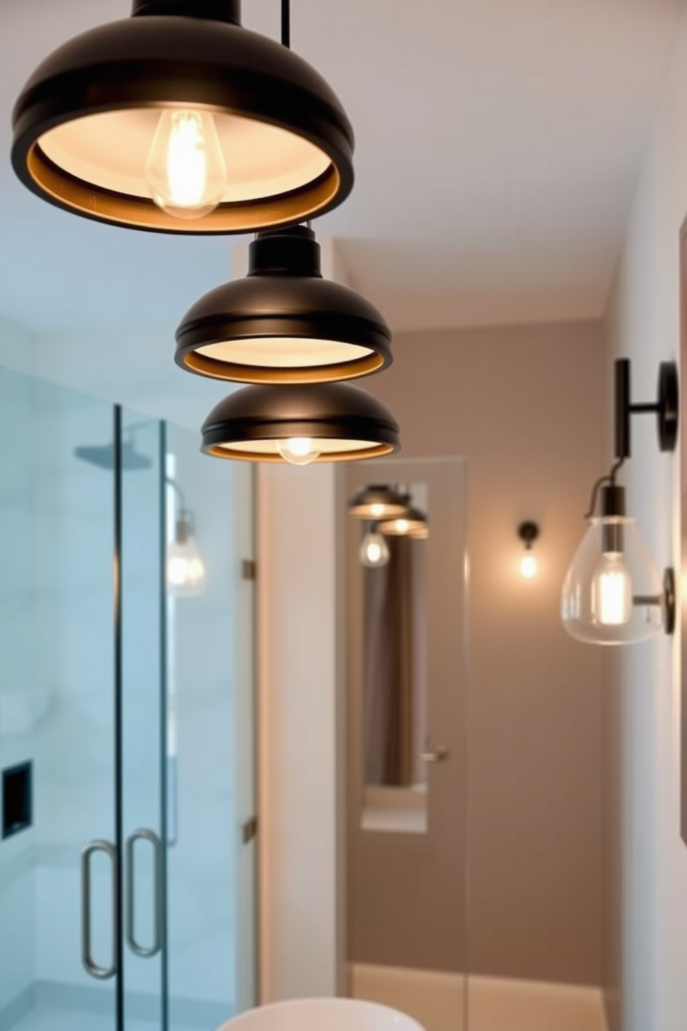 Stylish pendant lighting for ambiance. The lights feature a sleek design with a matte black finish and warm white bulbs, creating a cozy atmosphere. Hallway bathroom design ideas. The space includes a compact vanity with a vessel sink, complemented by a frameless glass shower enclosure and elegant wall sconces for added illumination.