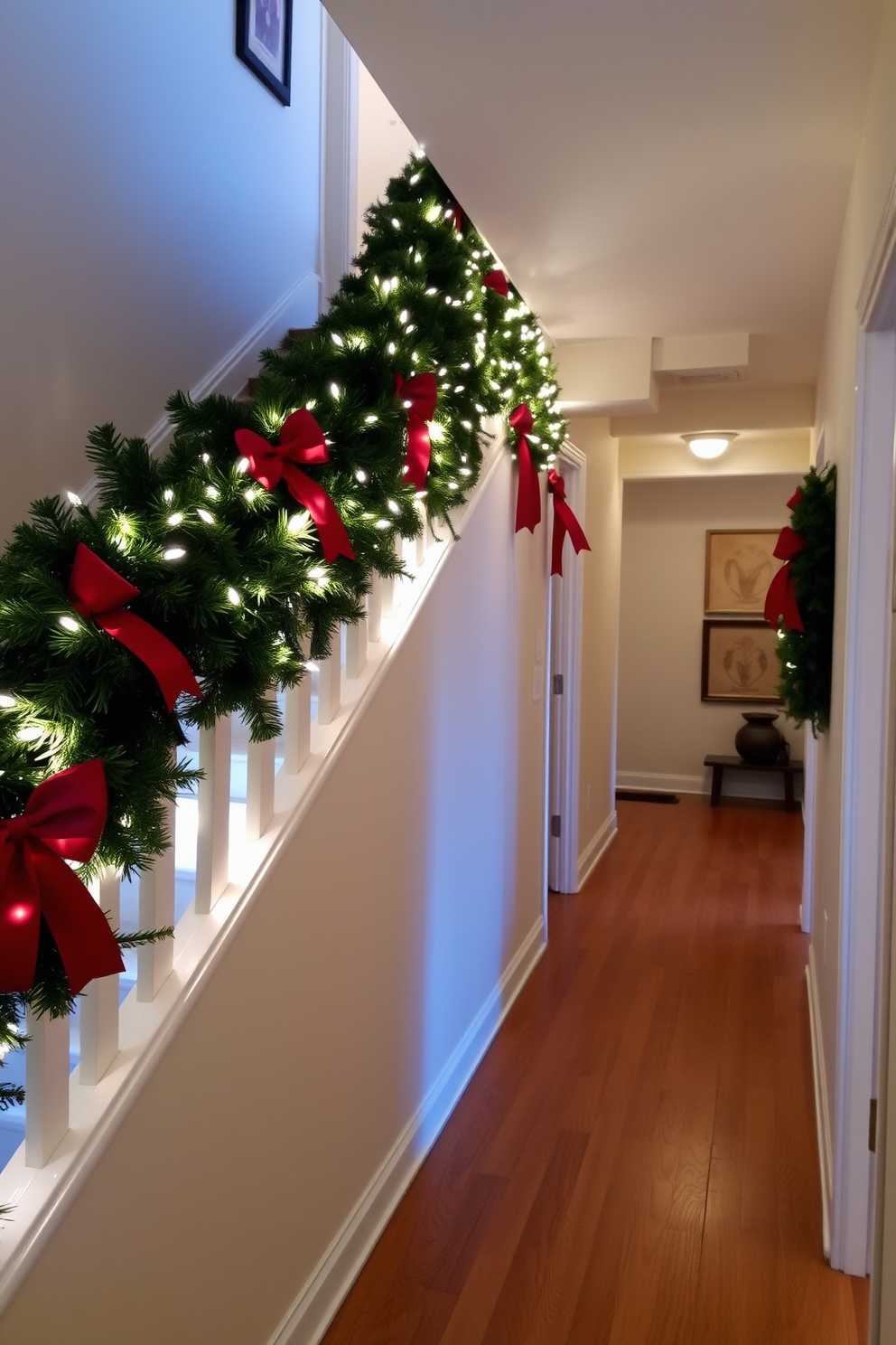 A festive staircase adorned with a lush garland draped elegantly along the wooden railing. The garland is decorated with twinkling white lights and vibrant red bows, creating a warm and inviting atmosphere for the holiday season. The hallway features a beautifully arranged display of Christmas decorations, including a series of wreaths hanging on the walls. Soft, ambient lighting enhances the cheerful colors of the ornaments and creates a cozy feel throughout the space.