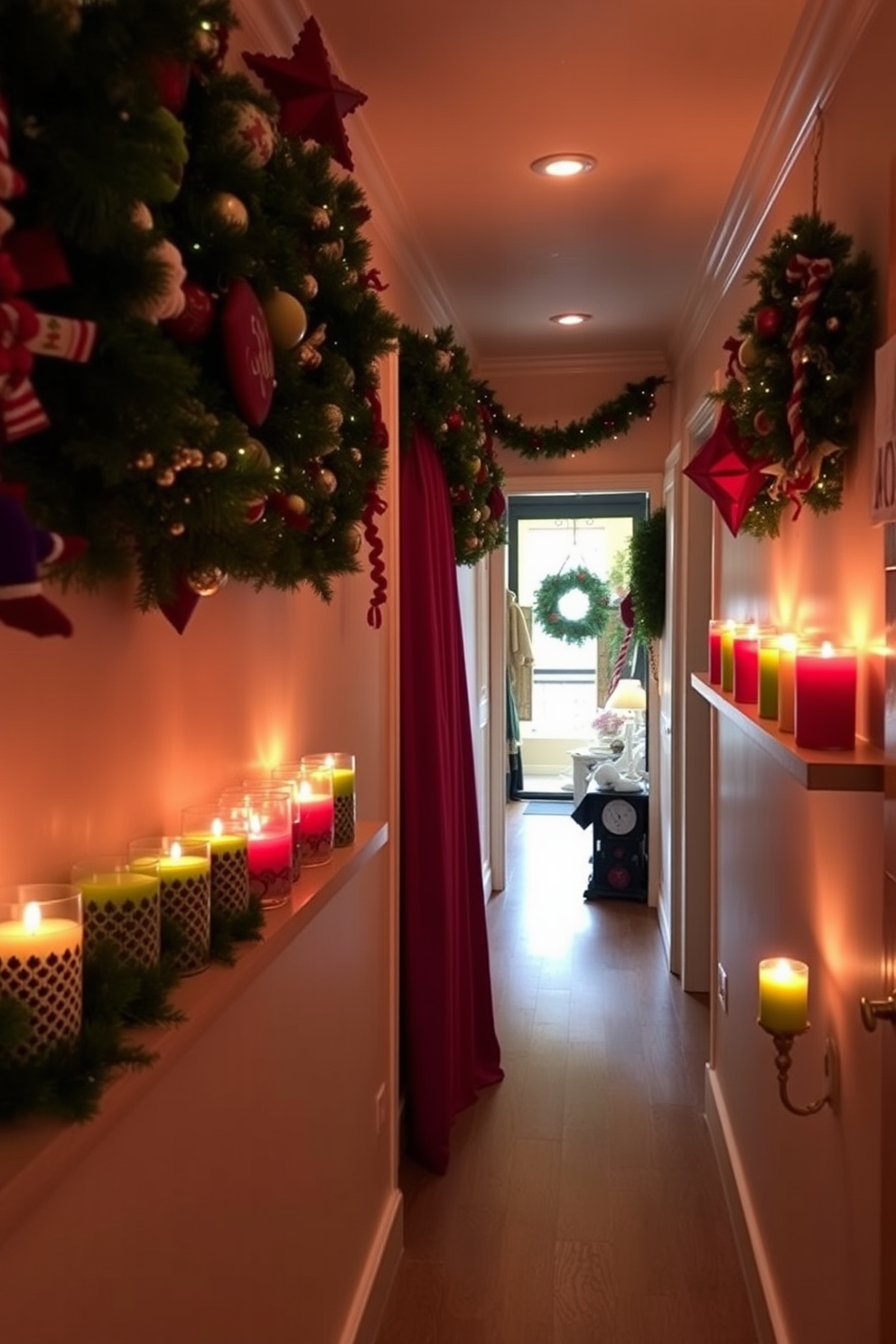 A cozy hallway adorned with festive decorations. There are shelves lined with colorful candles in decorative holders, casting a warm glow throughout the space.