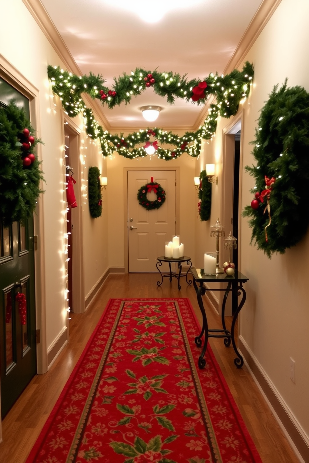 A festive holiday-themed runner stretches across the hallway floor, featuring vibrant colors and seasonal patterns. The walls are adorned with twinkling string lights and garlands, creating a warm and inviting atmosphere. Decorative wreaths hang on each door, adding a touch of elegance to the festive decor. A small table at the end of the hallway displays a collection of candles and holiday-themed ornaments, enhancing the cheerful ambiance.