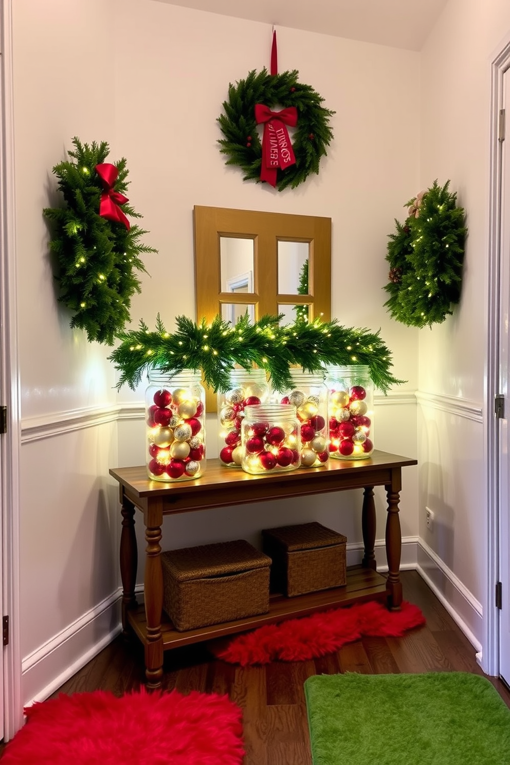 A cozy hallway adorned with ornament-filled glass jars that reflect warm holiday lights. The jars are arranged on a wooden console table, accompanied by a garland of evergreen and twinkling fairy lights. Festive wreaths hang on the walls, adding a touch of greenery and color to the space. Soft, plush runners in red and green lead guests through the inviting holiday decor.