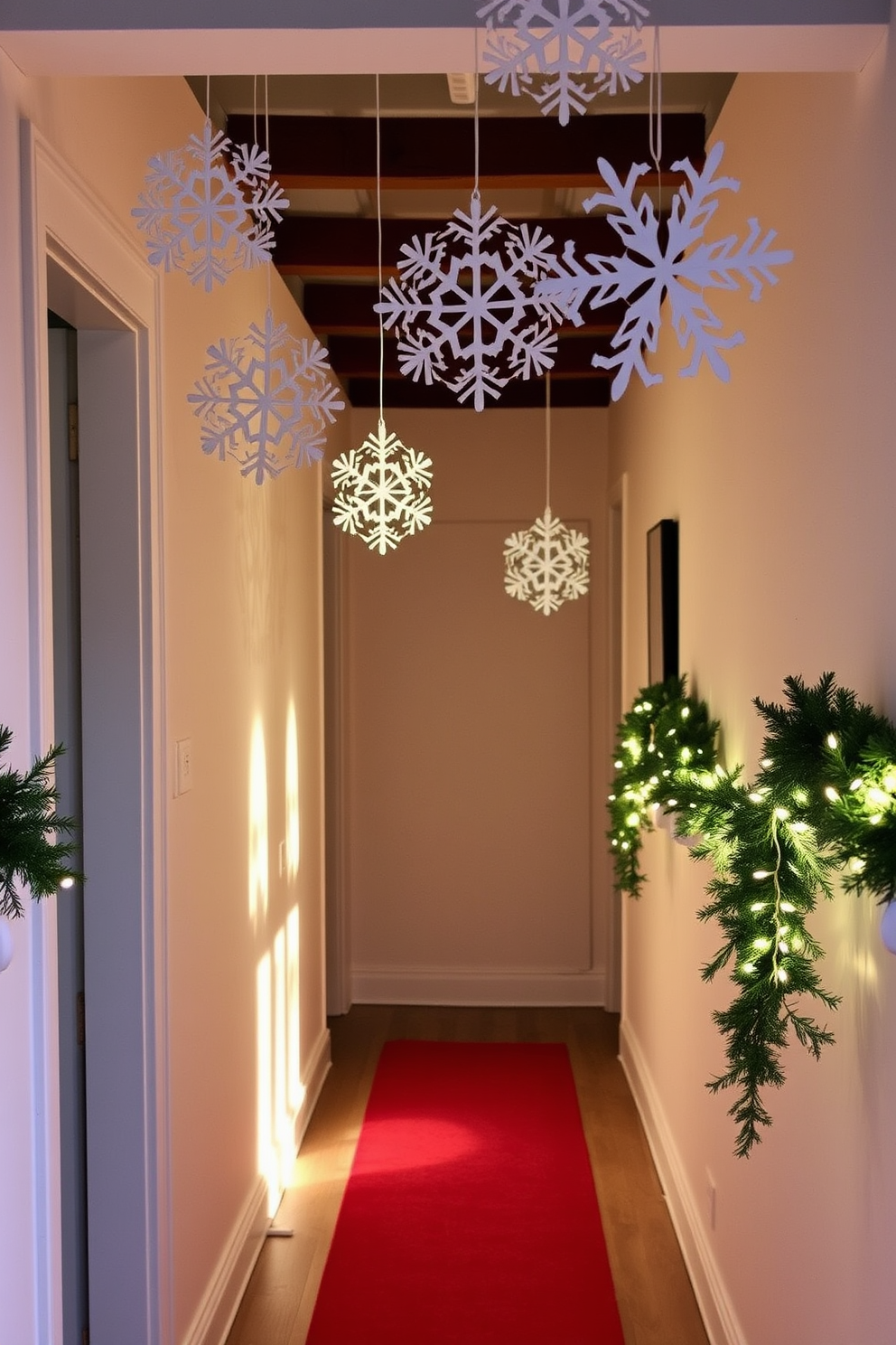 A festive hallway adorned with an advent calendar displayed prominently on the wall. The calendar is crafted from colorful fabric pockets, each filled with small surprises, creating a cheerful and inviting atmosphere.