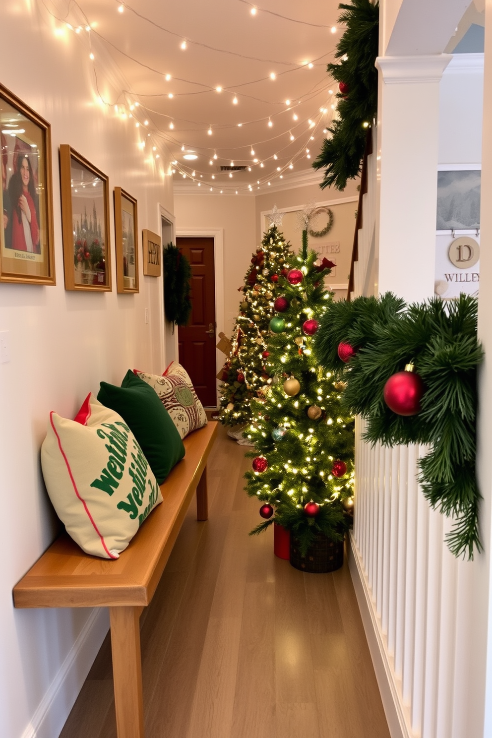 Seasonal pillows in vibrant colors are arranged on a long hallway bench, creating a cozy and inviting atmosphere. The walls are adorned with holiday-themed artwork, and soft string lights are draped above to enhance the festive feel. The hallway is decorated with a mix of greenery and ornaments, including a lush garland that runs along the railing. A small Christmas tree stands in the corner, adorned with twinkling lights and colorful baubles, completing the cheerful holiday look.