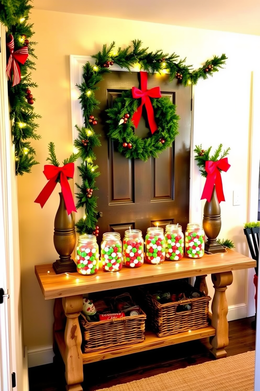 A cozy hallway adorned for the holidays. Mason jars filled with colorful holiday treats are placed on a rustic wooden console table, surrounded by twinkling fairy lights and festive greenery. The walls are decorated with garlands of pine and red ribbons, creating a warm and inviting atmosphere. A cheerful wreath hangs on the door, welcoming guests into the festive space.