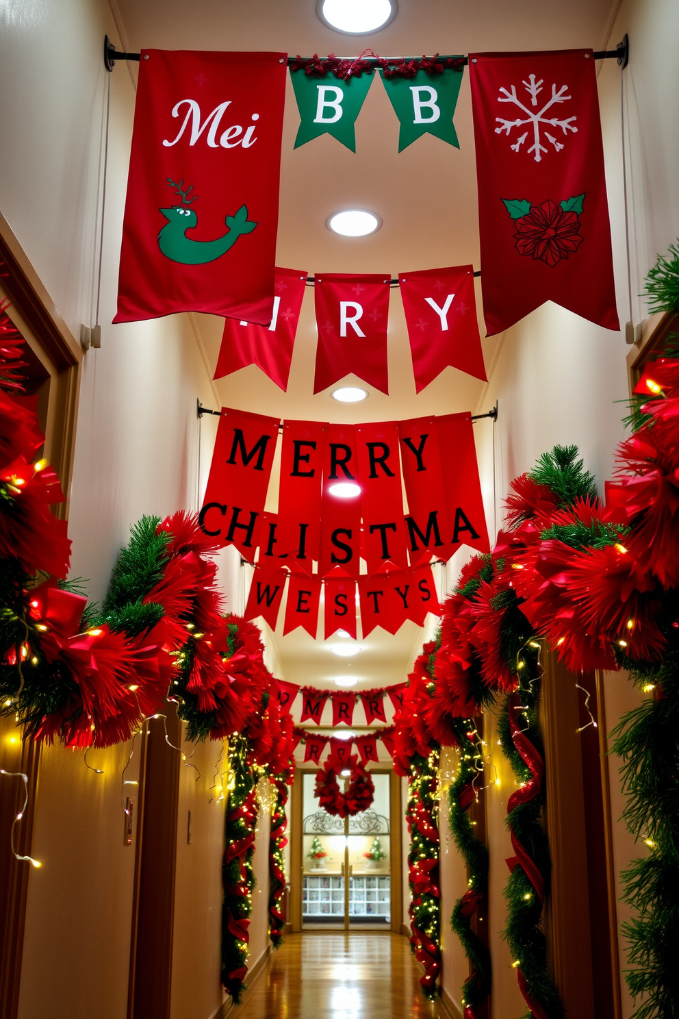 A festive hallway adorned with banners and garlands spelling Merry Christmas. The decorations feature vibrant red and green colors, with twinkling fairy lights intertwined for a warm glow.