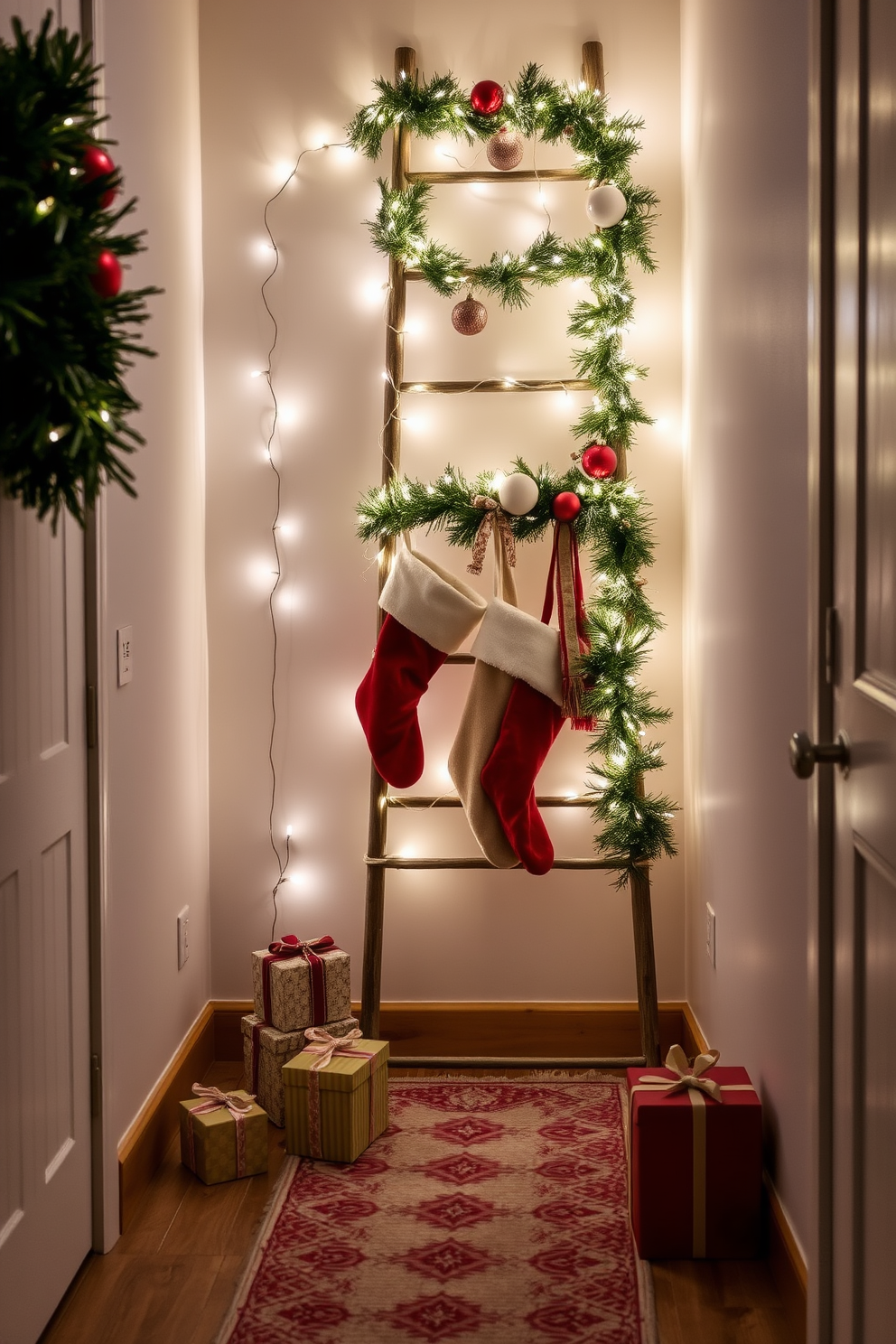 A decorative ladder leans against the wall, adorned with twinkling fairy lights that create a warm and inviting ambiance. The ladder is draped with festive garlands and ornaments, enhancing the holiday spirit in the hallway. The hallway features a cozy runner rug that complements the seasonal decor, adding texture and warmth to the space. Stockings hang from the ladder, and small decorative presents are placed at its base, completing the cheerful Christmas theme.