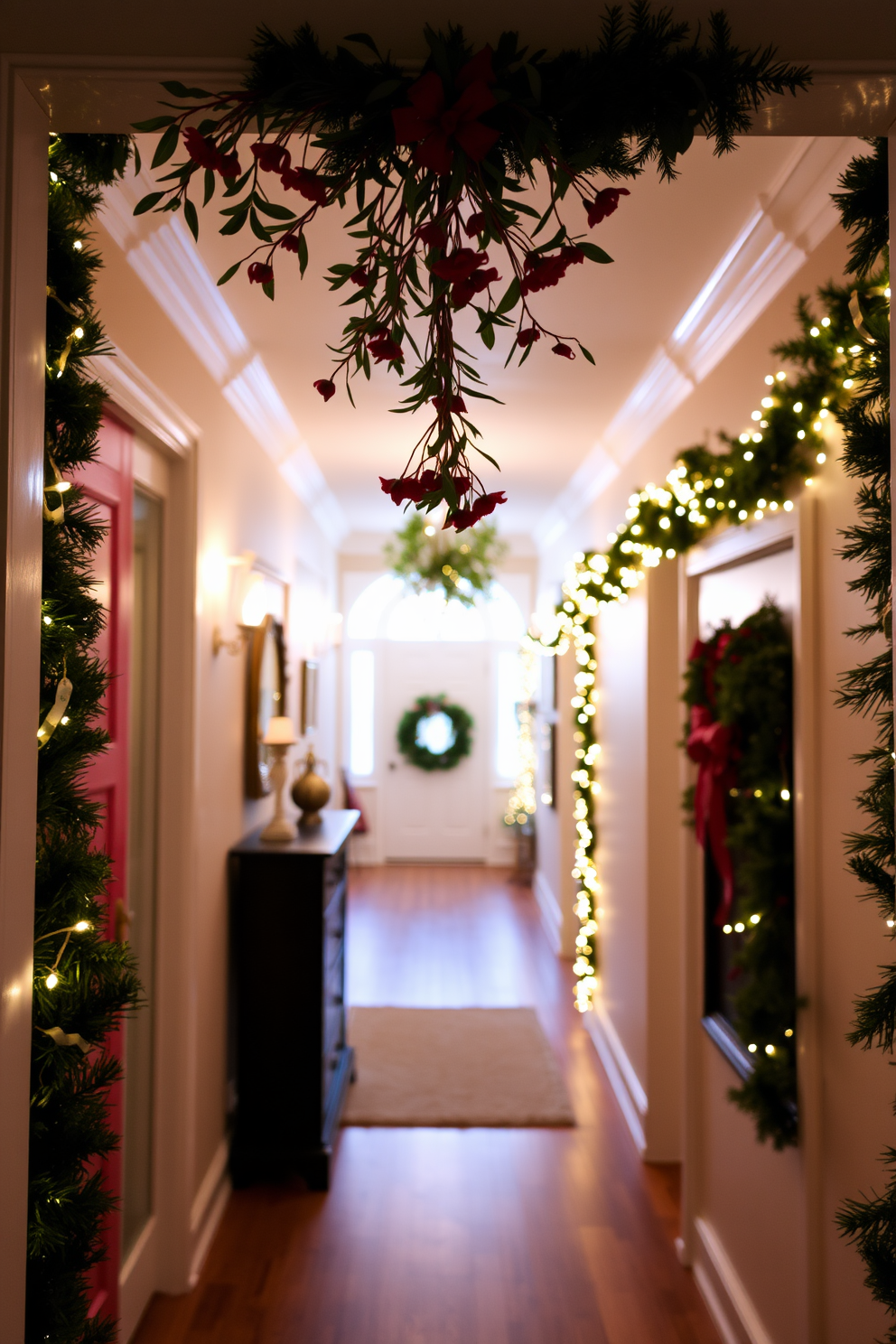 A festive entryway adorned with hanging mistletoe creates a warm and inviting atmosphere. The hallway is decorated with twinkling string lights and garlands draped along the walls, enhancing the holiday spirit.