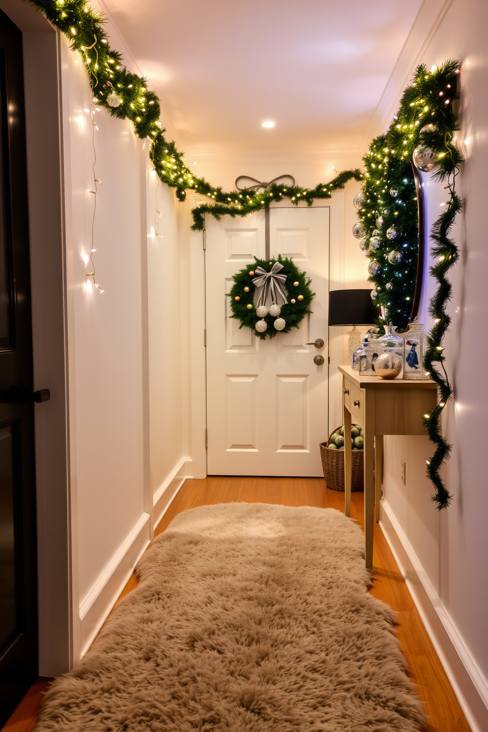 A cozy hallway adorned with a plush faux fur rug that invites warmth and comfort. Soft lighting illuminates the space, highlighting the textures and creating a welcoming atmosphere. The hallway is beautifully decorated for Christmas, featuring garlands draped along the walls and twinkling fairy lights. A festive wreath hangs on the door, complemented by a collection of decorative ornaments placed strategically along the console table.