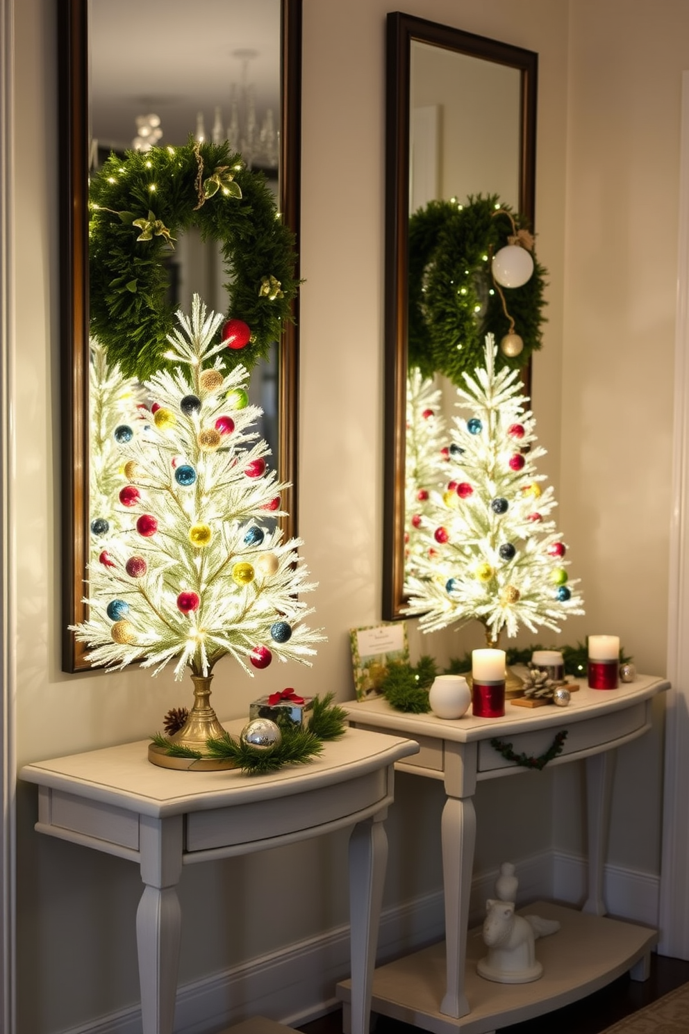 A festive wreath adorned with red berries and pinecones hangs on the wooden door of a cozy hallway. The surrounding walls are painted in a soft cream color, enhancing the warm glow of string lights that line the hallway. Each door features a different wreath design, showcasing a mix of greenery and seasonal accents. A small console table is decorated with candles and holiday-themed decor, creating an inviting atmosphere.