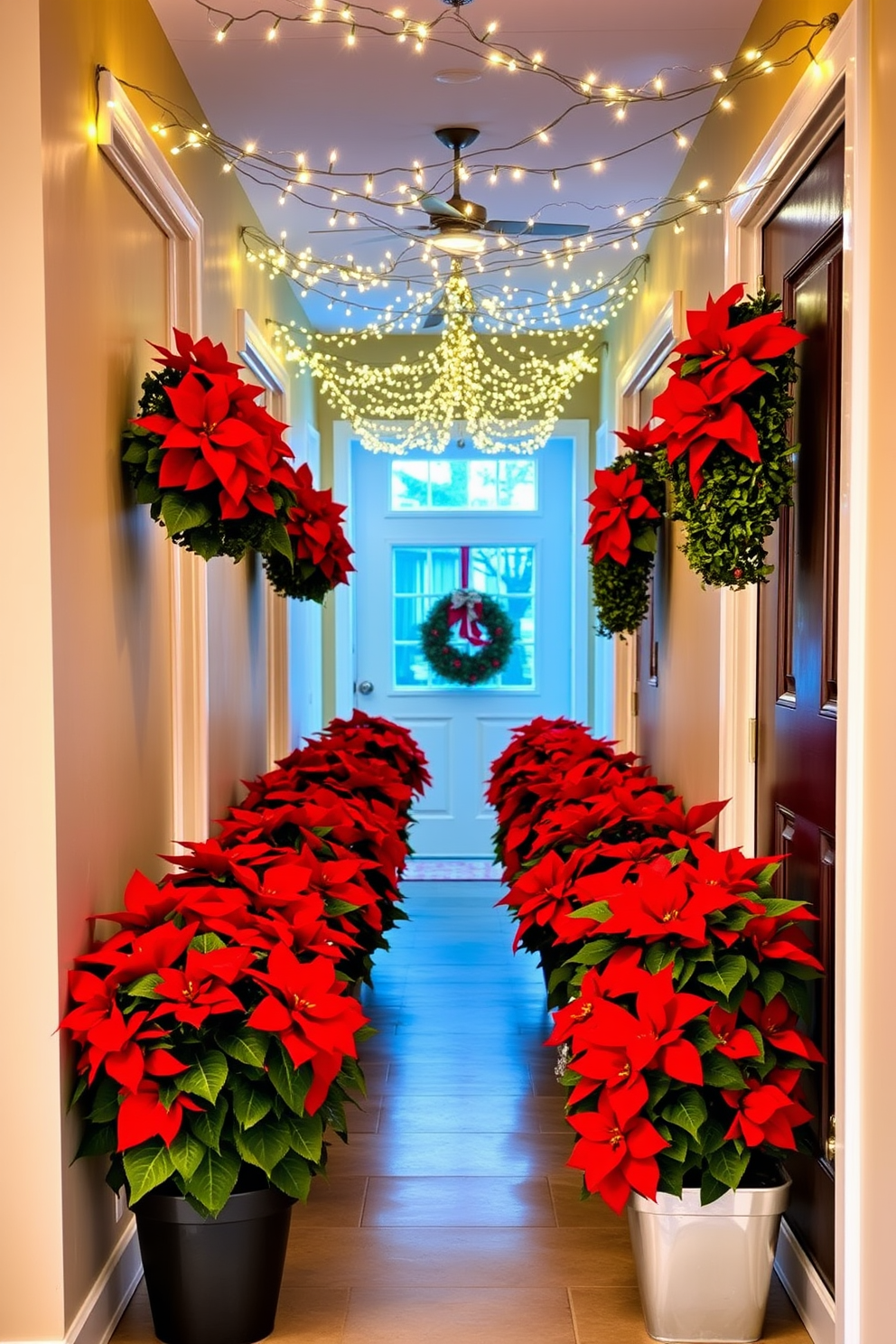 Potted poinsettias are elegantly arranged along the hallway, creating a vibrant and festive atmosphere. Each pot features lush green leaves and bright red blooms, enhancing the holiday spirit. The hallway is adorned with twinkling fairy lights strung above, casting a warm glow on the decorations. Complementing the poinsettias, decorative wreaths hang on the doors, adding a touch of charm to the festive display.