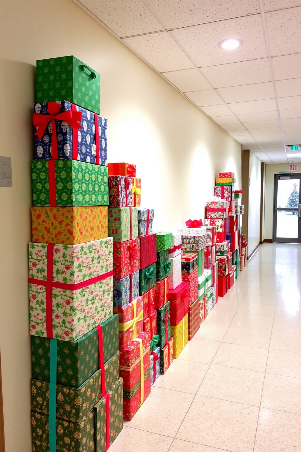 Colorful gift boxes stacked decoratively create a vibrant and festive atmosphere in the hallway. The boxes, wrapped in various holiday-themed papers and ribbons, are arranged artfully along the wall, adding a cheerful touch to the seasonal decor.