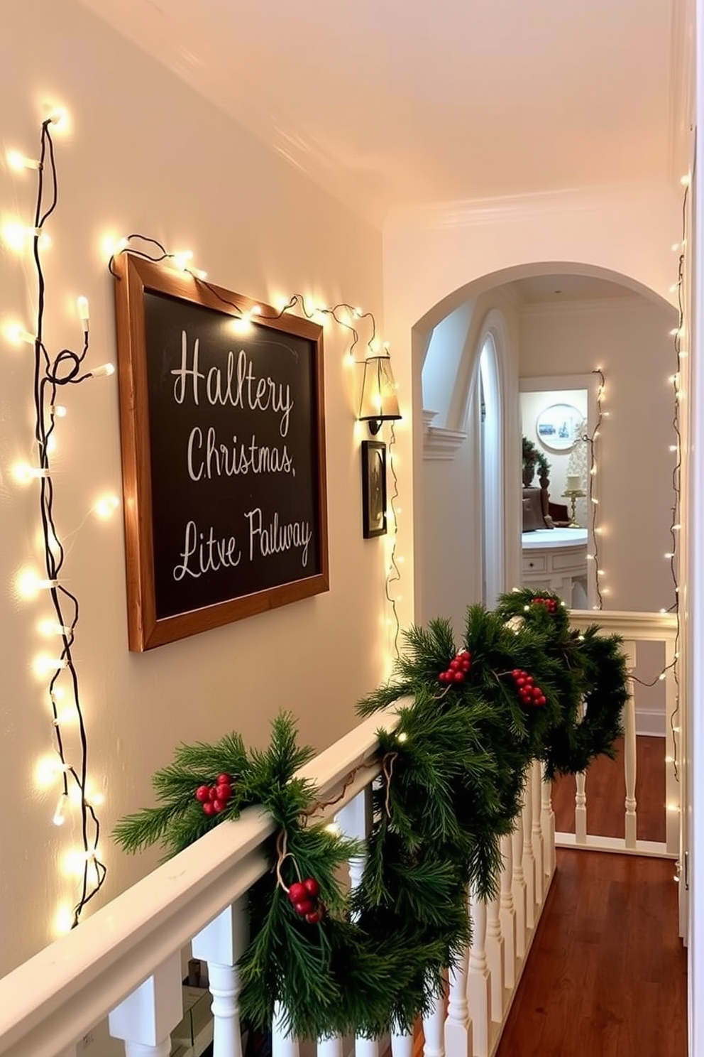 A festive hallway adorned with garland wrapped around elegant stair balusters. The garland is lush and green, accented with twinkling lights and colorful ornaments, creating a warm and inviting atmosphere.