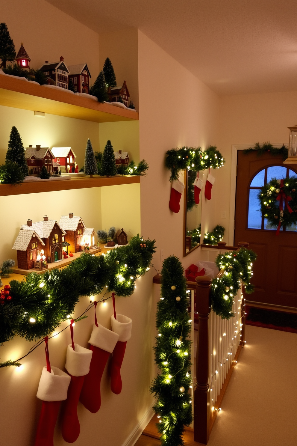 A charming Christmas village display is arranged on multiple shelves, featuring quaint houses with snow-covered roofs, twinkling lights, and miniature figurines. The shelves are adorned with evergreen garlands and festive ornaments, creating a warm and inviting holiday atmosphere. The hallway is transformed into a festive wonderland with garlands draped along the banister and twinkling fairy lights illuminating the space. Stockings hang from the wall, and a decorative wreath is placed on the door, welcoming guests with holiday cheer.