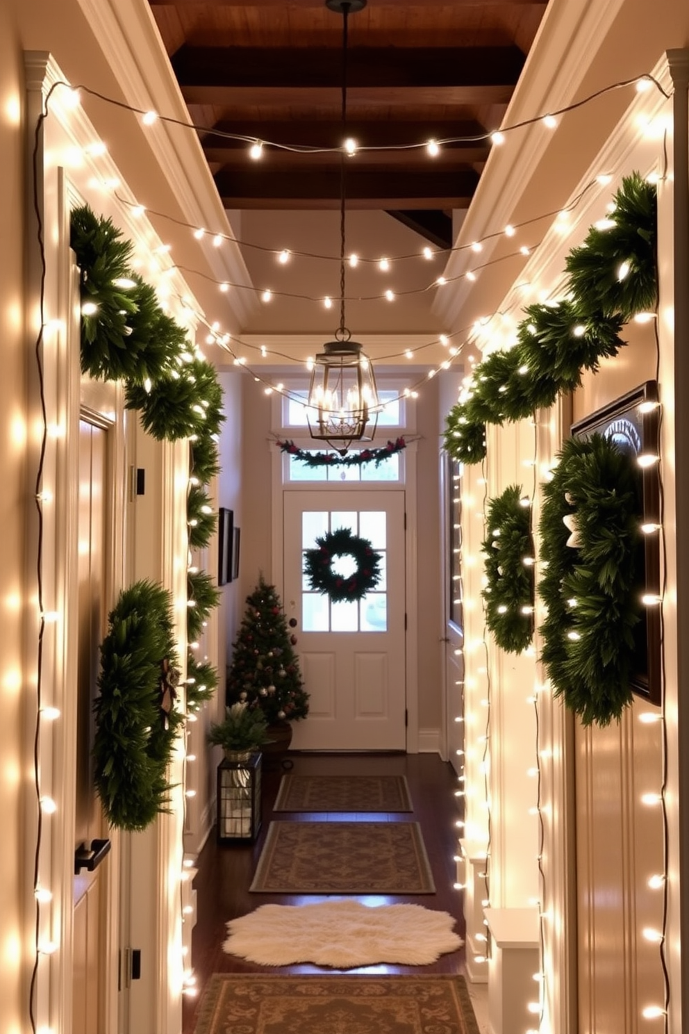 String lights frame the doorways, casting a warm and inviting glow throughout the space. The soft illumination highlights the architectural details while creating a festive ambiance. The hallway is adorned with a mix of elegant decorations, including garlands and wreaths that complement the string lights. Cozy elements like plush rugs and seasonal artwork enhance the holiday spirit, making the hallway feel welcoming and cheerful.