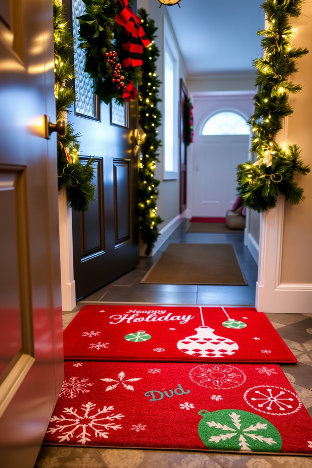 Ornamental trees line the hallway, creating a festive and inviting atmosphere. Each tree is adorned with twinkling lights and colorful ornaments that reflect the holiday spirit. The hallway itself is decorated with garlands draped along the railing, adding a touch of greenery. Stockings hang from the wall, and a warm glow from candles enhances the cozy ambiance.