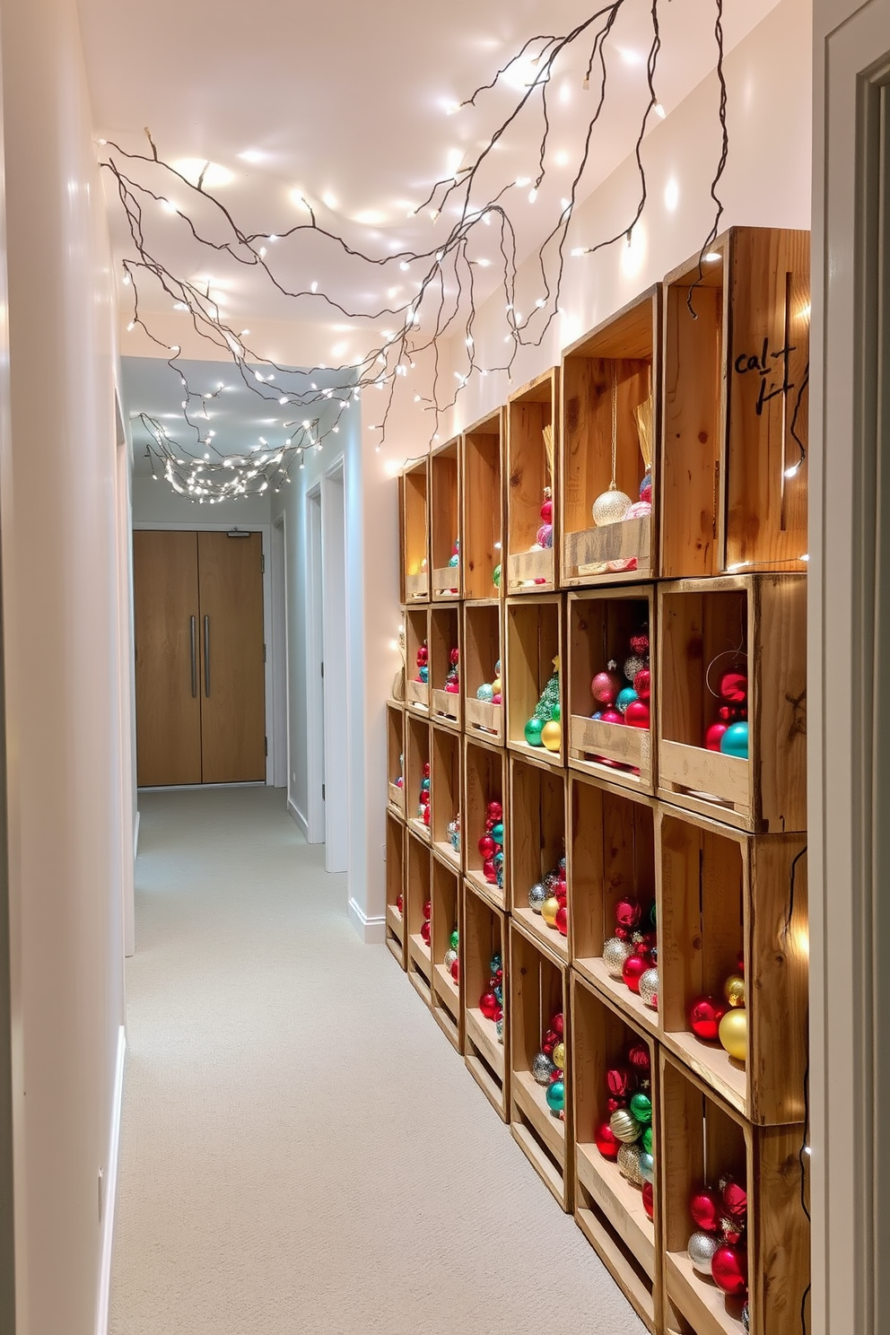 A cozy hallway adorned with rustic wooden crates filled with colorful ornaments. The crates are arranged in a staggered formation along the wall, complemented by twinkling fairy lights draped above.