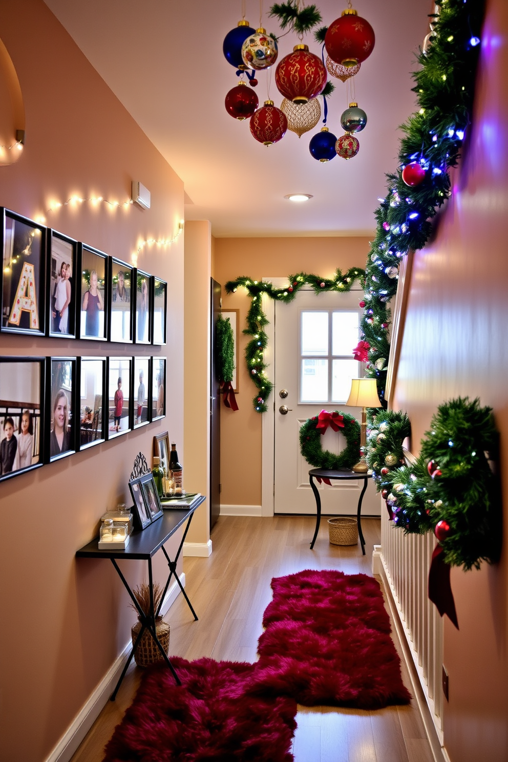 Framed family holiday photos line the walls of a cozy hallway, creating a warm and inviting atmosphere. The soft glow of string lights adds a festive touch, while a small console table displays seasonal decorations and a festive wreath. The hallway is adorned with a mix of traditional and modern Christmas decor, featuring garlands draped along the bannister and colorful ornaments hanging from the ceiling. A plush runner in rich red complements the holiday theme, inviting guests to enjoy the cheerful ambiance.