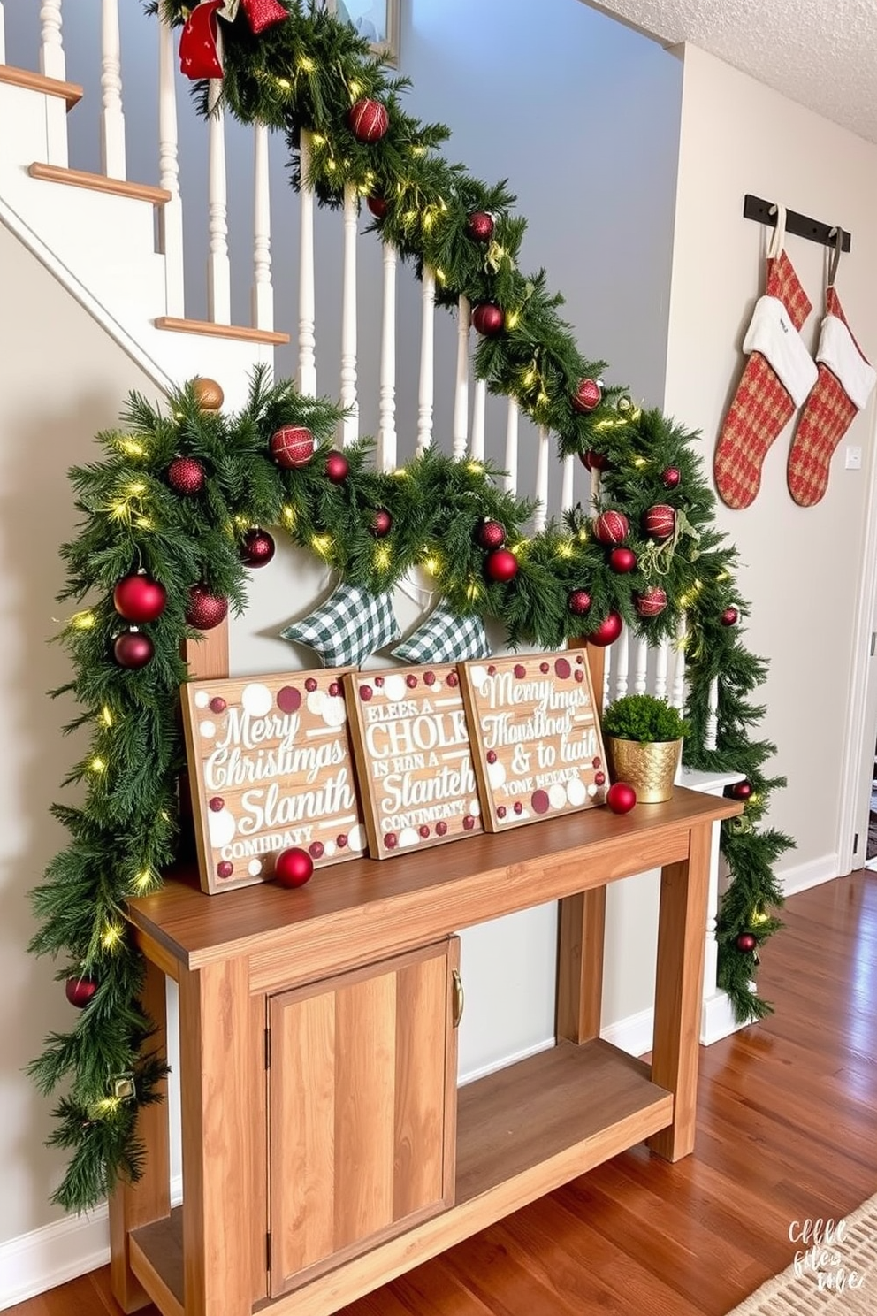 A charming Christmas village display is arranged on multiple shelves, featuring quaint houses adorned with colorful lights and miniature figurines. The shelves are decorated with faux snow and greenery, creating a festive atmosphere that captures the spirit of the season. The hallway is transformed into a winter wonderland, with garlands draped along the banister and twinkling lights illuminating the space. Festive wreaths hang on the doors, and holiday-themed artwork adds a cheerful touch to the walls.