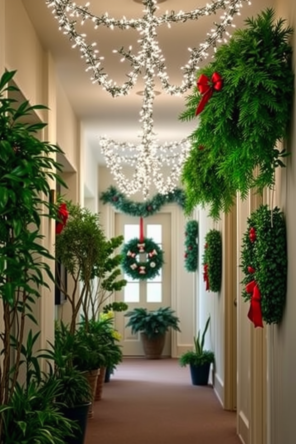 A serene hallway adorned with lush greenery accents. Potted plants of varying heights line the walls, creating a vibrant and inviting atmosphere. Festive decorations transform the space into a holiday wonderland. Twinkling string lights drape above, while elegant wreaths hang on the doors, enhancing the Christmas spirit.