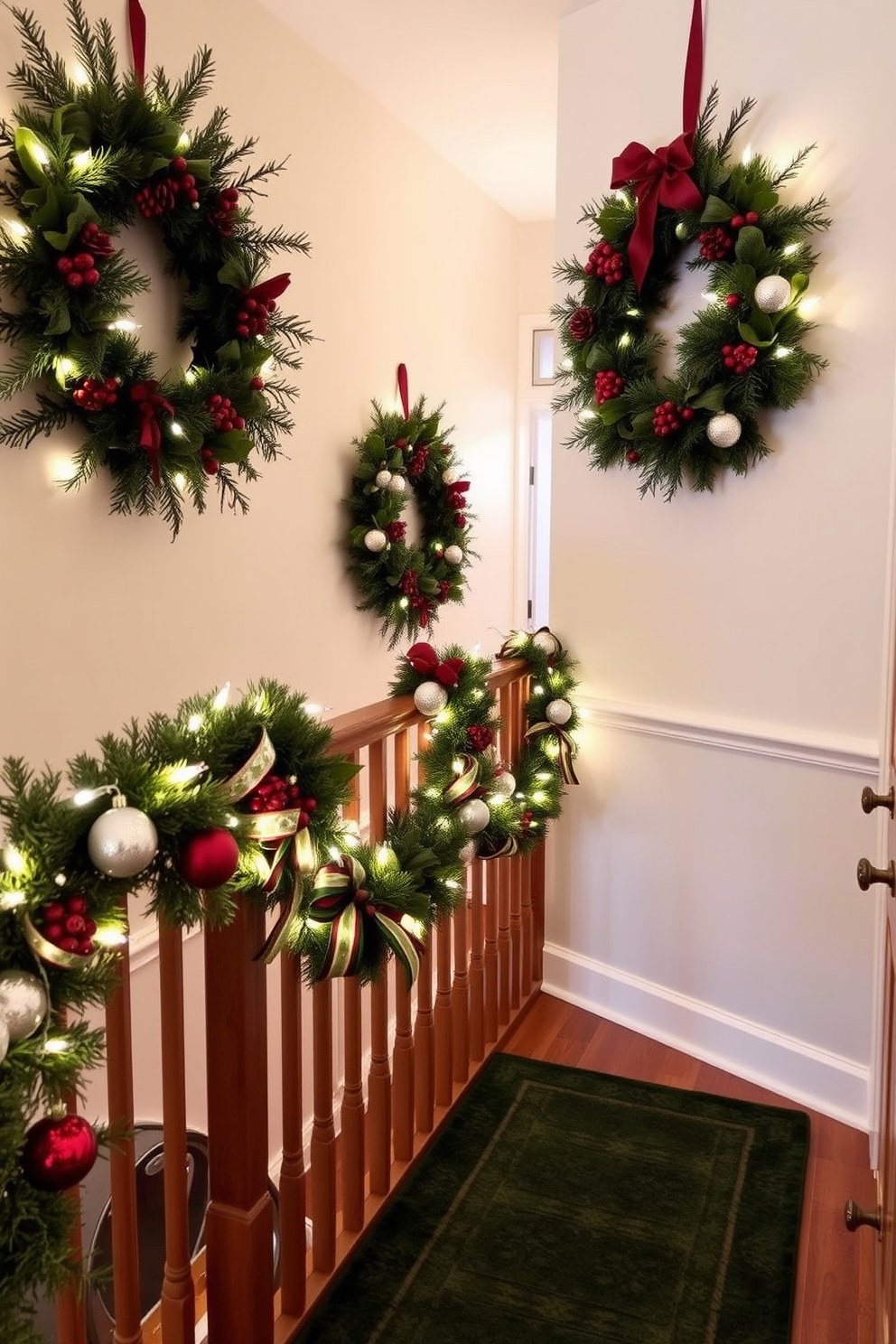 Wreaths adorned with red berries and pinecones hang elegantly on the hallway walls, creating a festive atmosphere. Soft white lights twinkle around the wreaths, enhancing the holiday charm and inviting warmth into the space. Decorative garlands drape along the hallway banister, intertwined with shimmering ornaments and ribbons. A cozy runner rug in rich green adds a touch of comfort, complementing the seasonal decor beautifully.