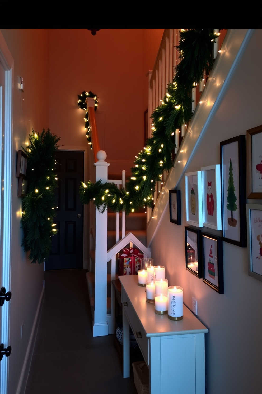 A cozy hallway adorned with festive decorations. There are scented candles placed on a console table, emitting a warm and inviting aroma that fills the space. The walls are draped with twinkling fairy lights, and a garland of greenery wraps around the staircase railing. A collection of holiday-themed artwork hangs alongside, creating a cheerful and festive atmosphere.