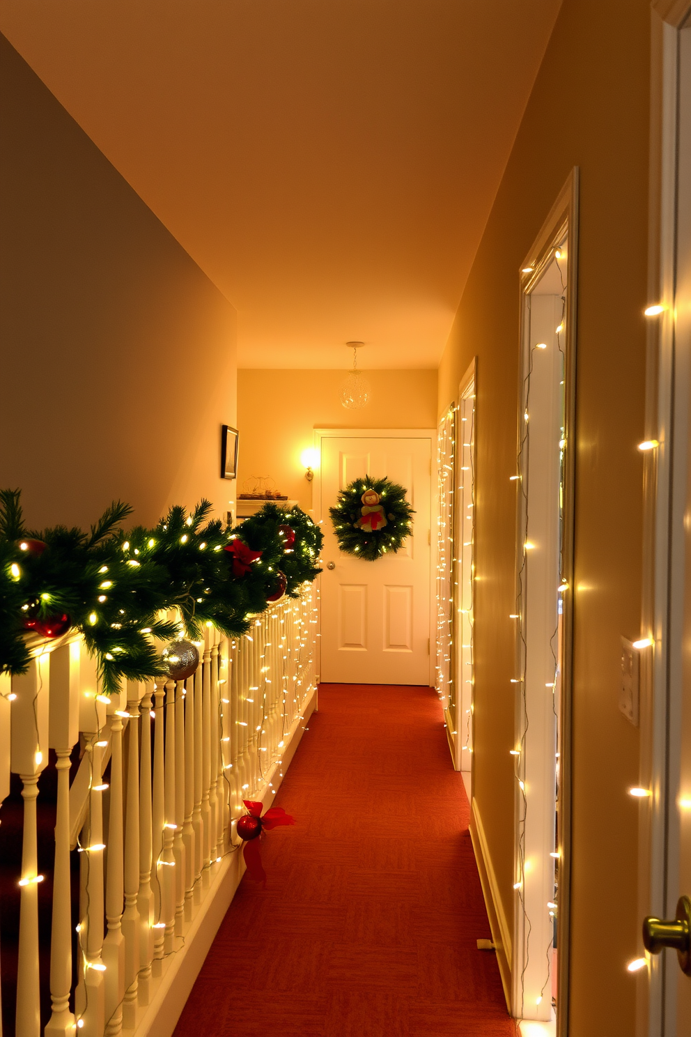 Twinkling fairy lights are placed in glass jars, creating a warm and inviting ambiance. The jars are arranged along a wooden console table, enhancing the festive spirit of the hallway. The walls are adorned with seasonal wreaths made of pine and berries, adding a touch of nature. A garland of greenery drapes elegantly along the staircase railing, complementing the overall Christmas decor.