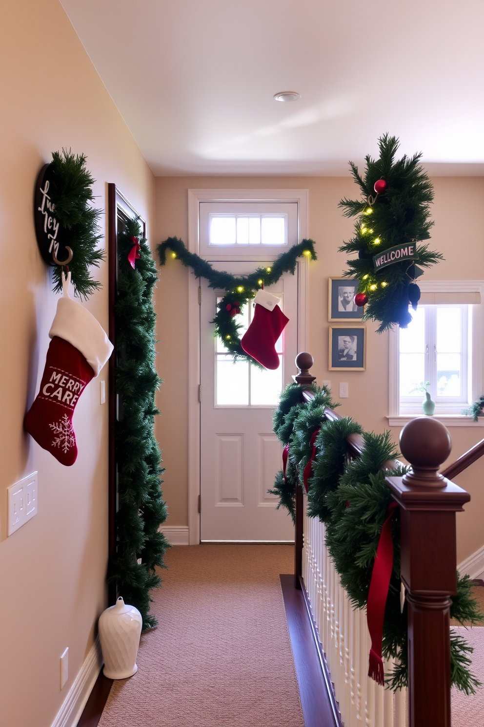 A warm and inviting hallway adorned with festive stockings hung with care on decorative hooks. The walls are painted in a soft cream, and a lush green garland drapes elegantly along the staircase railing.