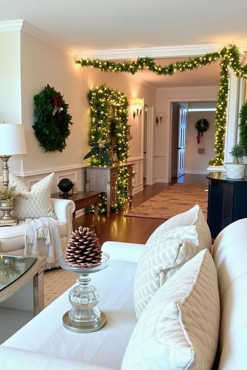 A charming hallway adorned for Christmas features a rustic pinecone and berry centerpiece display. The centerpiece is arranged on a wooden console table, surrounded by twinkling fairy lights and evergreen garlands.