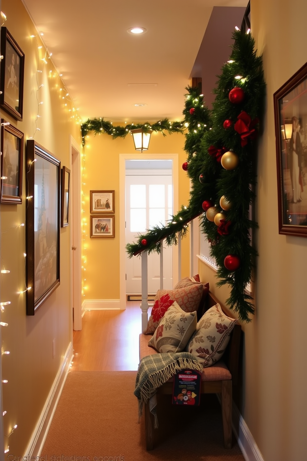 A festive hallway adorned with Christmas-themed artwork and prints creates a warm and inviting atmosphere. The walls are decorated with framed holiday scenes, and twinkling fairy lights line the edges of the space. A lush green garland drapes along the staircase railing, complemented by red and gold ornaments. A cozy bench at the end of the hallway is topped with a decorative throw and a few seasonal pillows.