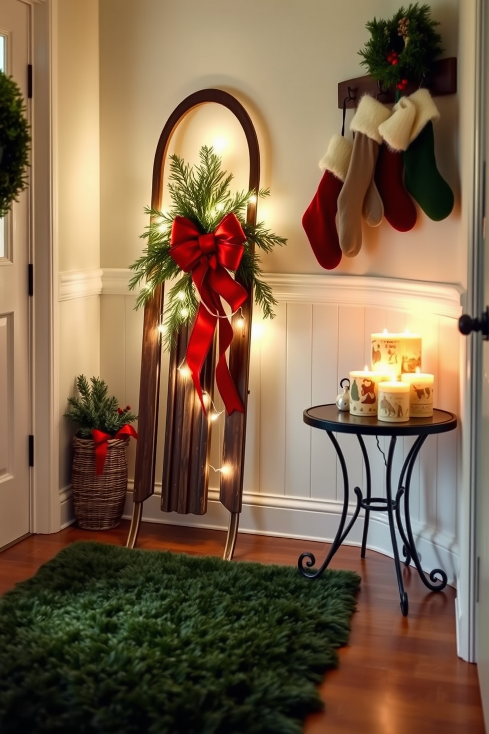 A vintage sled leans against the wall in a cozy hallway, adorned with a festive red bow and sprigs of evergreen. Soft twinkling lights wrap around the sled, creating a warm and inviting atmosphere for the holiday season. On the floor, a plush area rug in deep green complements the sled, while a small table nearby holds a collection of holiday-themed candles. Stockings hang from a nearby coat rack, adding a cheerful touch to the Christmas decor.