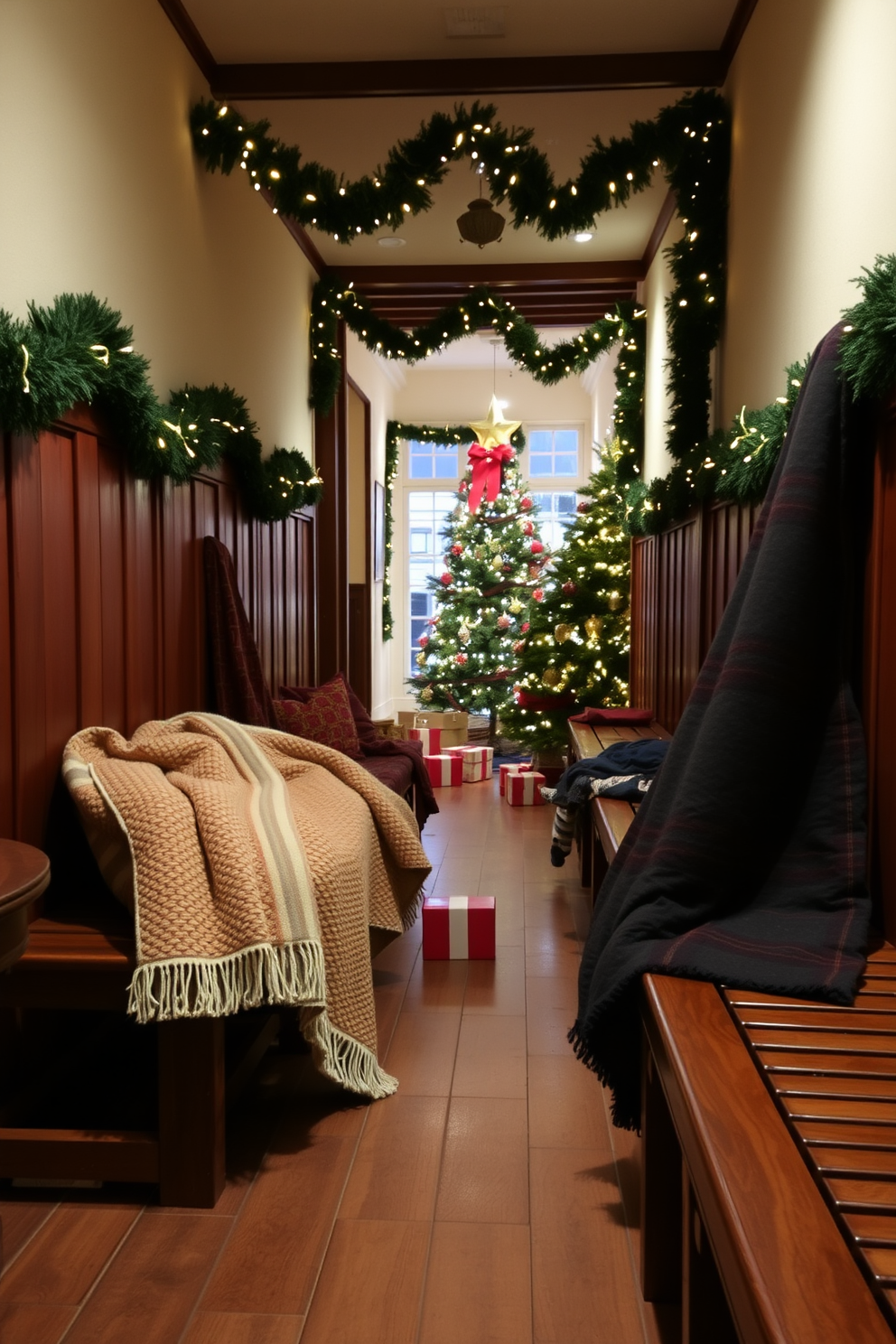 Cozy blankets are draped elegantly over wooden benches, creating a warm and inviting atmosphere. Soft textures and rich colors enhance the comfort of the space, making it perfect for relaxation. The hallway is adorned with festive Christmas decorations, featuring garlands and twinkling lights that guide the way. A beautifully decorated tree stands at the end, surrounded by wrapped gifts, adding a touch of holiday cheer.