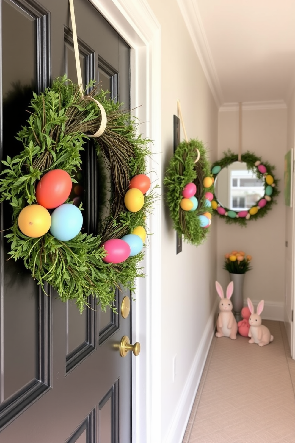 Easter wreaths adorned with colorful eggs hang gracefully on the front door. The vibrant hues of the eggs contrast beautifully with the natural greenery of the wreath, creating a festive welcome for guests. In the hallway, whimsical Easter decorations bring a cheerful ambiance. Soft pastel colors and playful bunnies complement the space, inviting joy and celebration throughout the home.