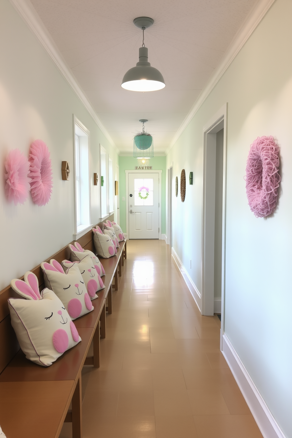 Charming bunny pillows are placed on cozy benches along a bright and inviting hallway. The walls are adorned with pastel-colored decorations, creating a festive atmosphere perfect for Easter celebrations.