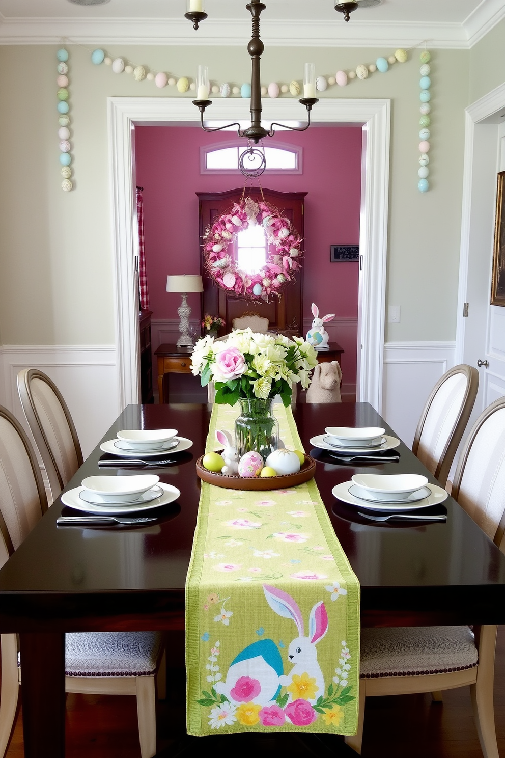 Seasonal table runners adorned with vibrant Easter motifs featuring pastel colors and playful bunny designs. The table is set with elegant dinnerware, complemented by fresh spring flowers in a vase at the center. Hallway Easter decorating ideas that include hanging pastel-colored garlands and decorative eggs along the walls. A welcoming entryway is created with a stylish console table displaying a seasonal wreath and cheerful bunny figurines.