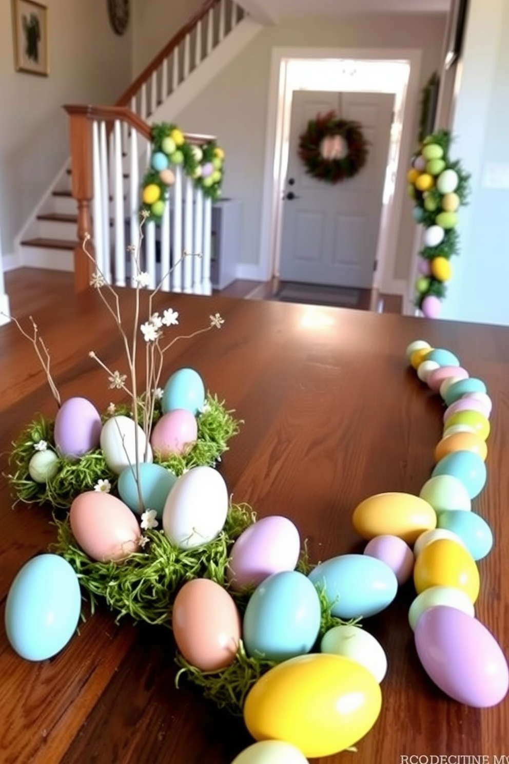 A beautifully arranged Easter themed table setting features a crisp white tablecloth adorned with pastel-colored plates and delicate floral centerpieces. Surrounding the table are elegant chairs draped with soft fabric, and small decorative eggs are scattered across the table for a festive touch. The hallway is adorned with vibrant Easter decorations, including hanging garlands of colorful eggs and cheerful bunny motifs. A charming display of potted spring flowers lines the hallway, creating a warm and inviting atmosphere for guests.