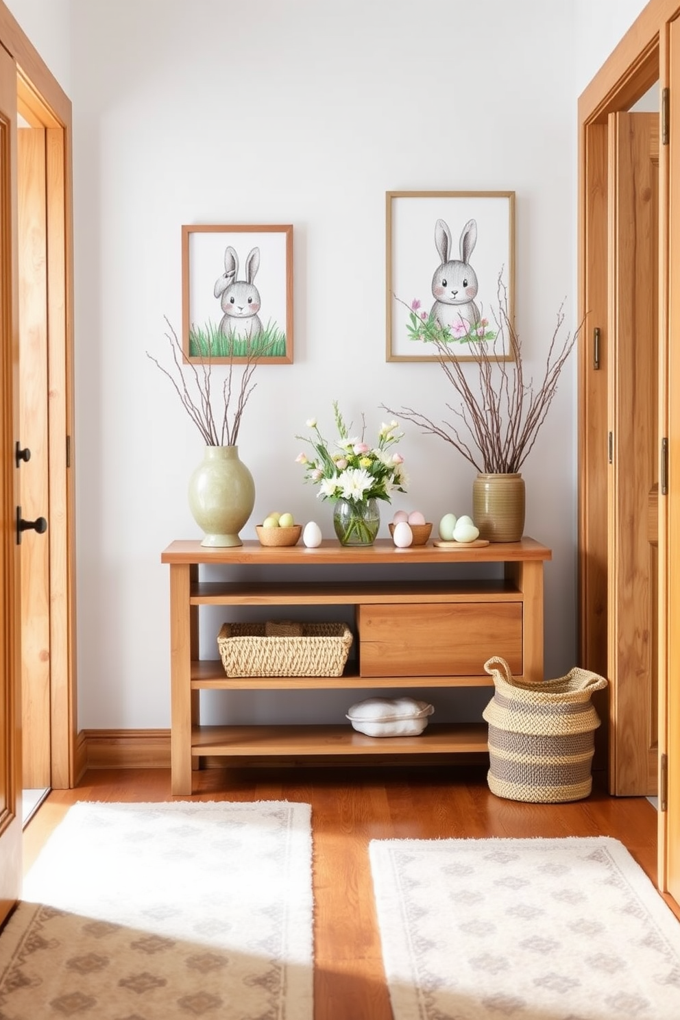 A bright hallway adorned with natural wood accents creates a warm and inviting atmosphere. Delicate Easter decorations such as pastel-colored eggs and floral arrangements are tastefully displayed on a wooden console table. On the walls, seasonal artwork featuring bunnies and spring motifs adds a cheerful touch. Soft, neutral-toned runner rugs enhance the space, providing a cozy feel underfoot while complementing the wood elements.