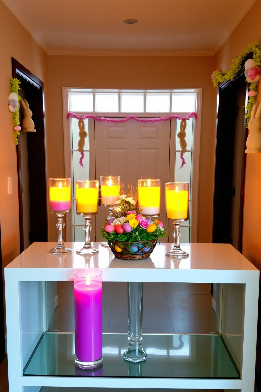 Brightly colored candles in glass holders are arranged on a sleek console table. The soft glow of the candles illuminates the hallway, creating a warm and inviting atmosphere. Easter decorations adorn the walls with pastel-colored garlands and cheerful bunny motifs. A vibrant centerpiece featuring flowers and decorative eggs adds a festive touch to the hallway space.