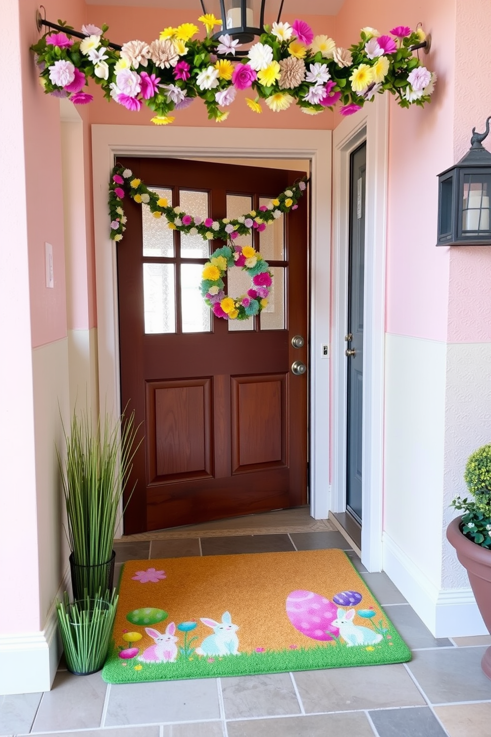 Framed family photos are arranged on a console table, surrounded by colorful Easter decorations such as pastel-colored eggs and spring flowers. The walls are adorned with cheerful spring-themed artwork, creating a warm and inviting atmosphere in the hallway. Soft lighting from a stylish pendant lamp casts a gentle glow over the space, highlighting the decorative elements. A plush runner rug in vibrant colors adds comfort and a festive touch to the hallway, complementing the Easter decor.