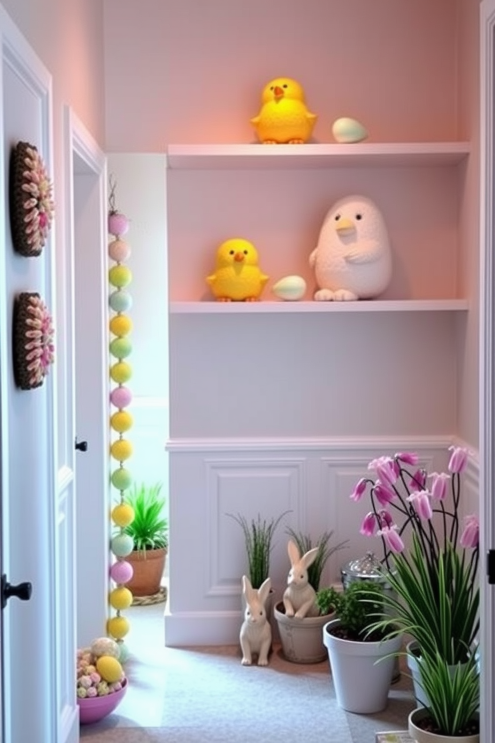 Cute chick decorations on shelves create a whimsical and cheerful atmosphere. Soft pastel colors and playful designs enhance the festive spirit of the space. In the hallway, Easter decorating ideas can include garlands made of colorful eggs and spring flowers. Adding small potted plants and bunny figurines will bring a touch of charm to the area.