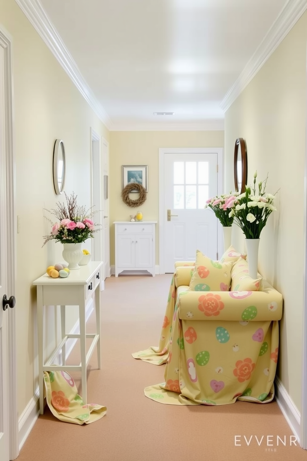 A bright and cheerful hallway adorned with spring-themed fabric draped elegantly over the furniture. The walls are painted in soft pastel colors, and decorative Easter elements like colorful eggs and floral arrangements are placed strategically along the space.