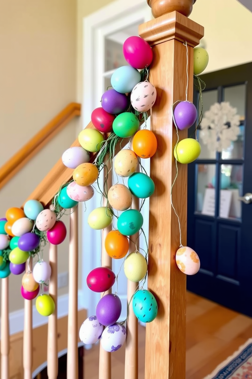 Colorful egg garlands wrapped around banisters create a festive and cheerful atmosphere. The vibrant hues of the eggs contrast beautifully with the natural wood of the banisters, enhancing the overall decor of the hallway.