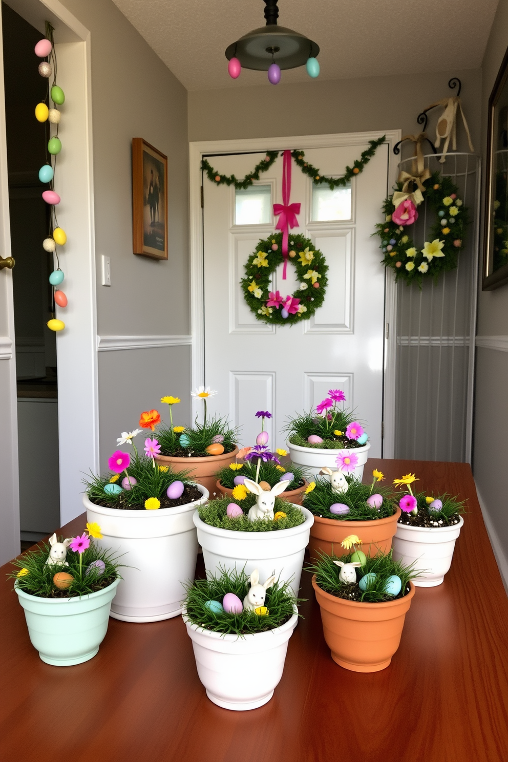 A collection of miniature Easter gardens in various pots is arranged on a wooden table. Each pot features colorful flowers, small decorative eggs, and tiny bunnies nestled among the greenery. The hallway is adorned with festive Easter decorations, including hanging garlands of pastel-colored eggs. A cheerful wreath made of spring flowers and ribbons is placed on the door, welcoming guests with seasonal charm.