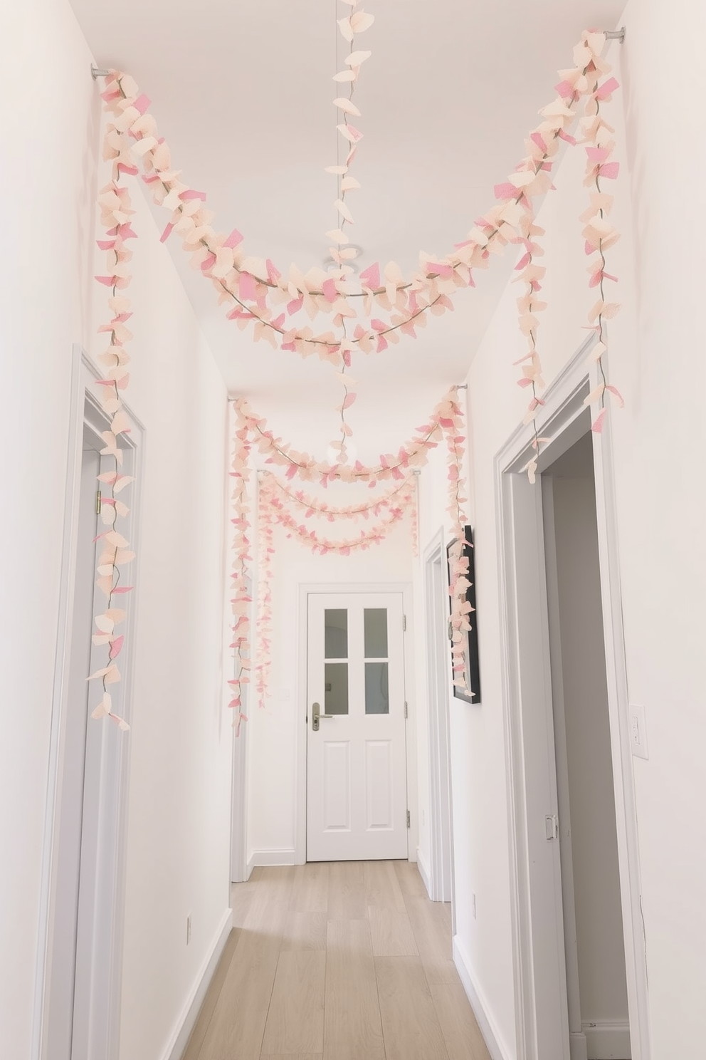 A charming hallway adorned with pastel garlands gracefully hanging from the ceiling. The walls are painted in soft white, creating a bright and airy atmosphere, while the floor is covered with a light wooden laminate.