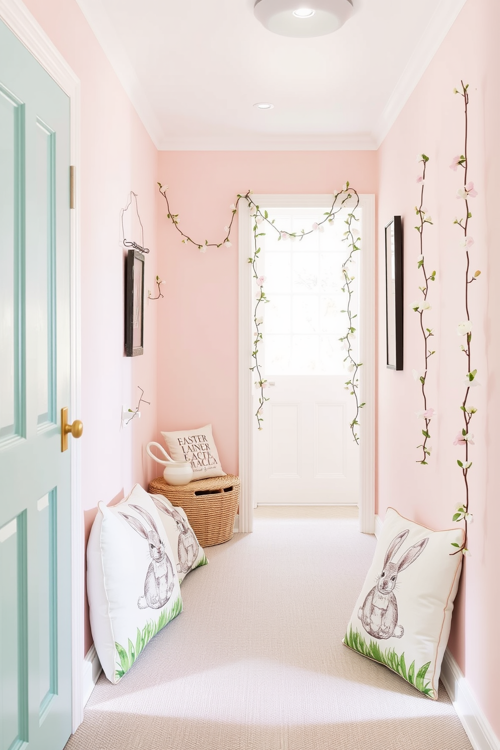 Create a whimsical hallway decorated for Easter featuring fabric cushions adorned with playful bunny prints. The walls are painted in soft pastel colors and adorned with delicate garlands of spring flowers.