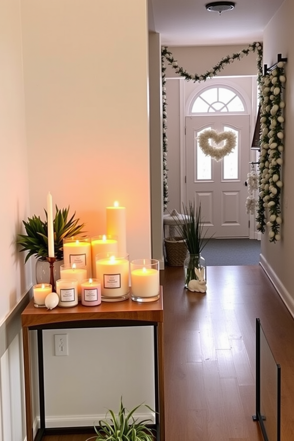 A collection of seasonal scented candles is arranged on a sleek wooden console table in the hallway. The warm glow from the candles creates a cozy atmosphere, inviting guests to linger and enjoy the ambiance. For Easter decorating, the hallway is adorned with pastel-colored garlands and decorative eggs. A cheerful bunny figurine stands at the entrance, welcoming visitors with a touch of festive charm.