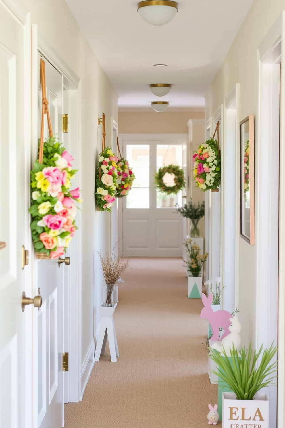 A brightly colored tablecloth drapes elegantly over the entry table, featuring vibrant patterns that celebrate the spirit of Easter. Surrounding the table are decorative elements like pastel-hued eggs and cheerful floral arrangements that enhance the festive atmosphere in the hallway.